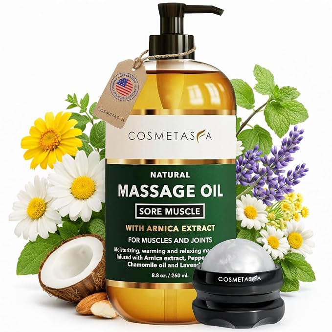 Cosmetasa Massage Oil for Sore Muscle Massage Therapy with Roller - All Natural, Cruelty-Free Massage Oils for Muscle Relaxing & Joint Comfort - Arnica Extract with Lavender & Chamomile Oil (8.8 oz)