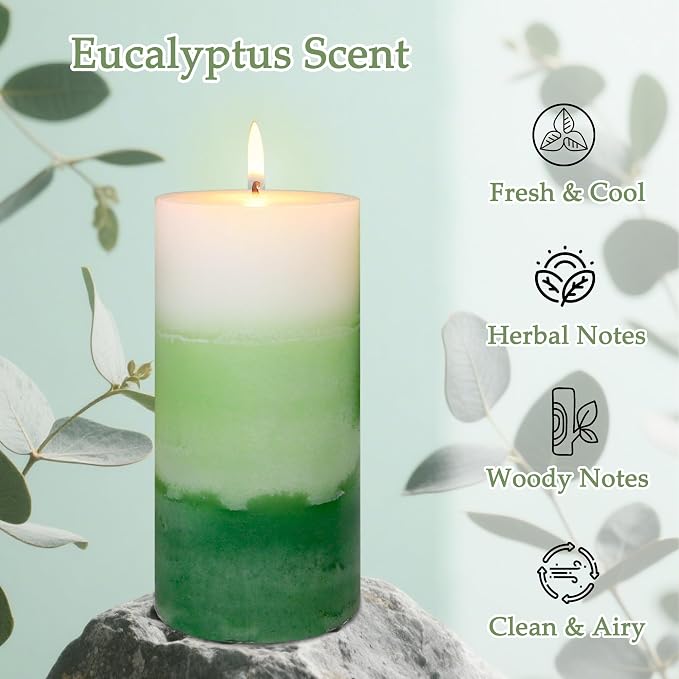 Pillar Candles 3x6 Inch Eucalyptus Scented Hand-Poured 3-Layers Green Gradient Decorative Candle Long Burning Candle for Home Scented Relaxation Spa Holiday Dinner Table, Set of 3