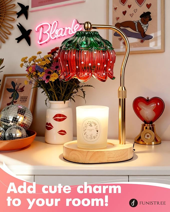 Funistree Flower Candle Warmer Lamp with Timer, Dimmable Candle Lamp Warmer, Christmas Birthday Gifts for Women Mom Her, Housewarming Home Decor, Lotus Wax Warmer for Yankee - Strawb Flower 10 Inch