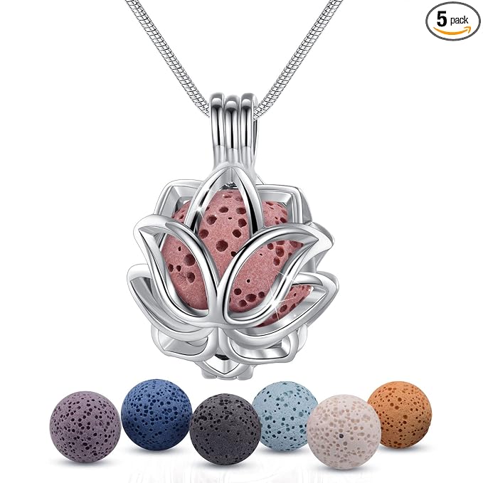 INFUSEU Essential Oil Diffuser Necklace Aromatherapy Jewelry for Women TeenGirls, Small Lotus Flower Pendant, 7 Lava Rock Stones, 24" Snake Chain
