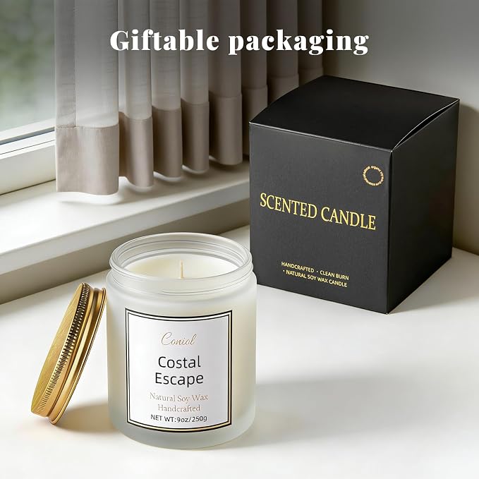 Ocean Strong Scented Soy Candle for Home,Non Toxic Natural Aromatheraphy Candles, 50H Long Burning Smokeless Jar Candel, Home Fragance Gift for Stress Relief, Relax, Beach, Holiday(9oz)
