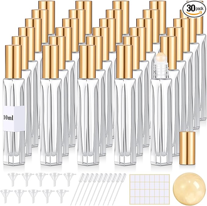 Domensi 30 Pack 10ml/0.34oz Citrine Crystal Roller Bottles for Essential Oils, Refillable Leak-proof Travel Perfume Roll on Bottles for DIY Aromatherapy, Skincare & Samples
