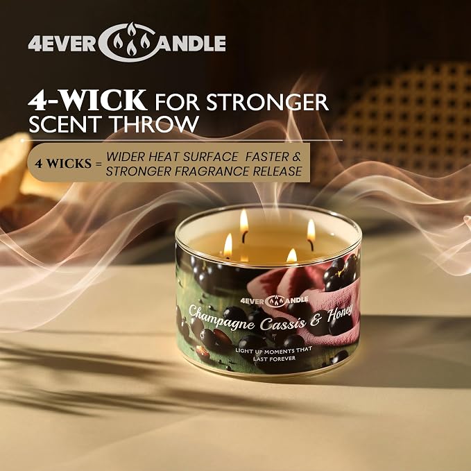 4EVER Scented Candles | 4-Wick 18oz Soy Wax Candle | Up to 50Hrs Clean Burn | Aromatherapy Candles for Home Scented | Gifts for Women & Mom, Champagne Cassis & Honey