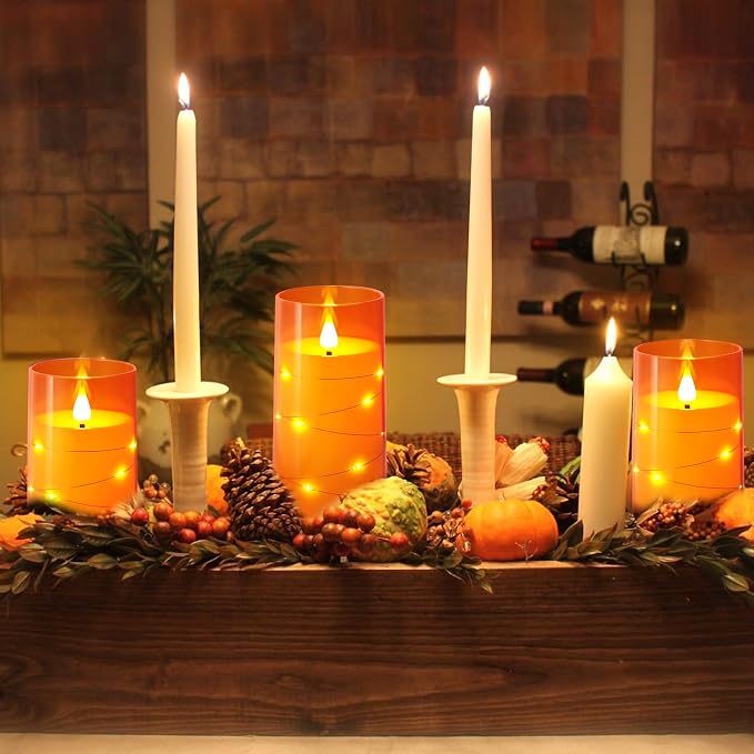 NURADA Flameless Candles with Remote Timers: Built-in Star String Lights 3D Wick Battery Operated Flickering LED Electric Candles for Halloween Thanksgiving Dinner Tables Fall Home Decor Orange 3 Pack