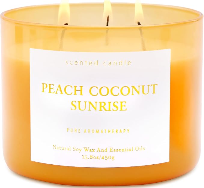 Peach Coconut Sunrise 3-Wick Soy Candle | 15.8 oz Large Aromatherapy Candle for Home | Clean Burn Long Lasting | Tropical Fruit Scent | Gift Ready