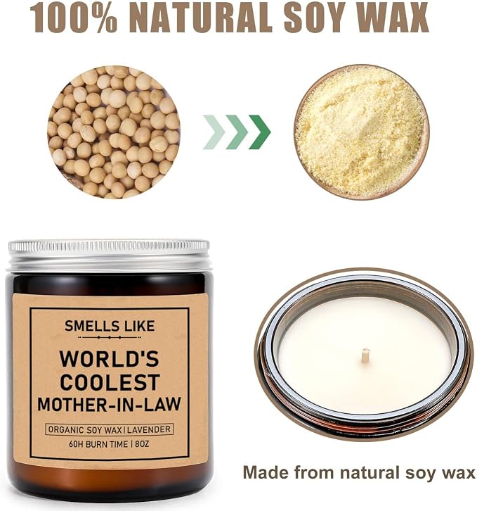 World's Coolest Mother-in-Law Soy Candle - 8oz Jar - Lavender Scent - 50 Hour Burn Time - Stress Relieving - Mother's Day Gift