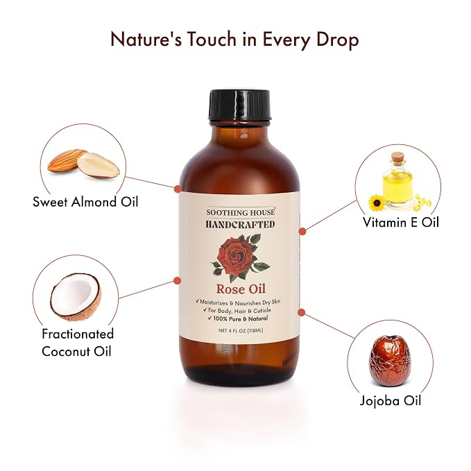 Rose Body Oil, Moisturizing Body Oil for Soft Skin and Dry Skin With Jojoba, Olive, Vitamin E & Rose Oil, 4 oz