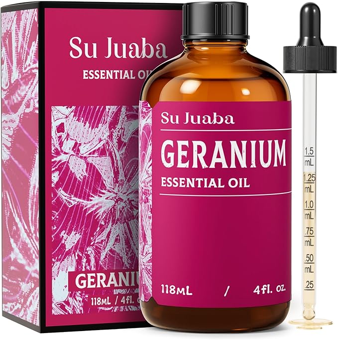 SU JUABA Geranium Essential Oil 4 Oz, Aromatherapy Oil for Diffuser, Skin Care, Hair & Massage - 118ML