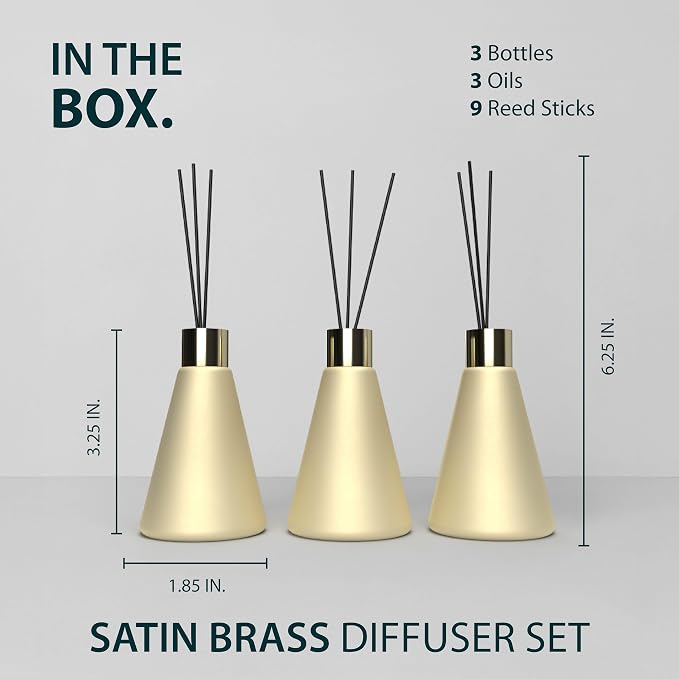 Mega Handles Reed Diffuser Sets (50ml) - 3 Pack White Flower Scent Bathroom Diffuser, Elegant Reed Diffuser for Shelf Decor, Decorative Air Freshener for Large Rooms - Satin Brass