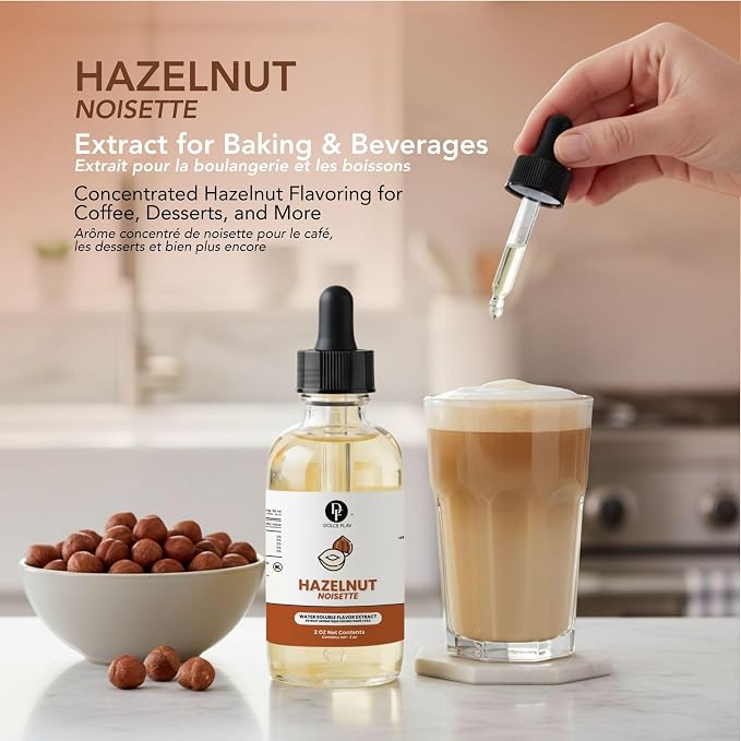 Dolce Flav Natural Hazelnut Extract – 2 Ounce Water-Soluble Kosher, Sugar-Free, Concentrated Toasted Hazelnut Flavoring for Coffee, Baking & Desserts, Includes Measured Dropper