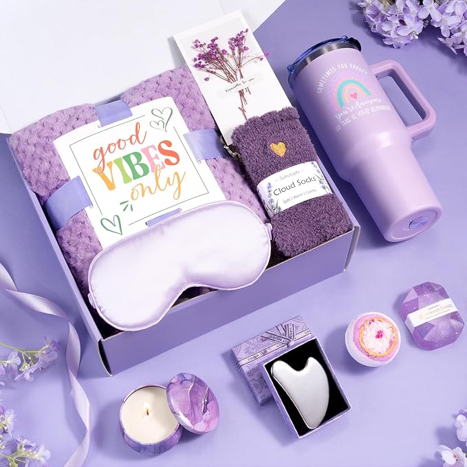 Suhctuptx Birthday Gifts for Women, Unique Self Care Gifts Get Well Soon Basket, Christmas Relaxing Spa Gift Care Package w/Flannel Blanket 40 oz Tumbler, for Mom Her Sister Friend