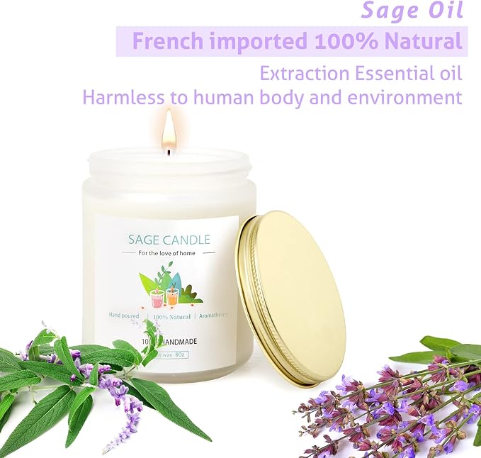 Sage Candle for Cleansing House, 8Oz 45 Hrs Soy Wax Sage Scented Candles for Home Scented Candle, for House Energy Cleansing, Banishing Negative Energy, Purification and Healing,Women Gifts