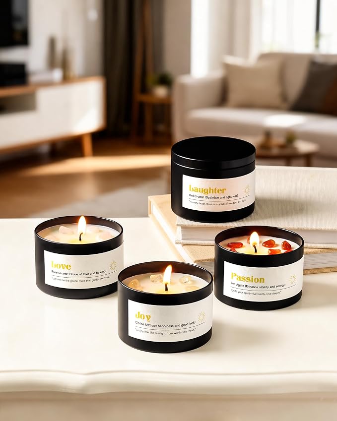 AOOVOO Crystal Energy Candles Set for Women - 4 Pack 26 oz Soy Wax Candles for Home Scented, 200 Hour Long Lasting Candle, Laughter Red Crystal/Love Rose Quartz/Joy Citrine/Passion Red Quartz