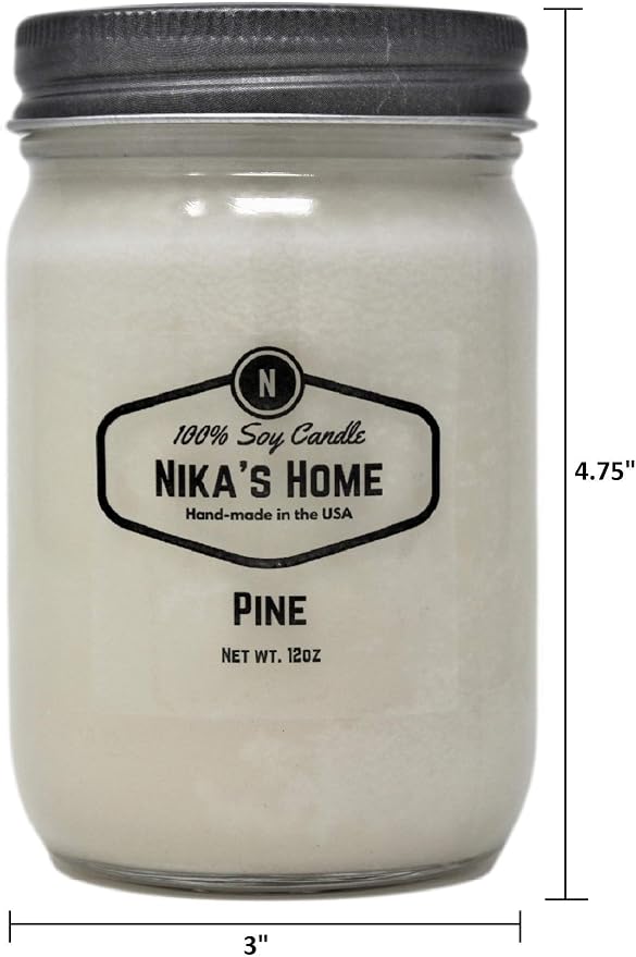 Nika's Home Pine Soy Candle - 12oz Mason Jar - Non-Toxic - Hand Poured in The USA, Long Burning 50-60 Hours Highly Scented All Natural, Clean Burning