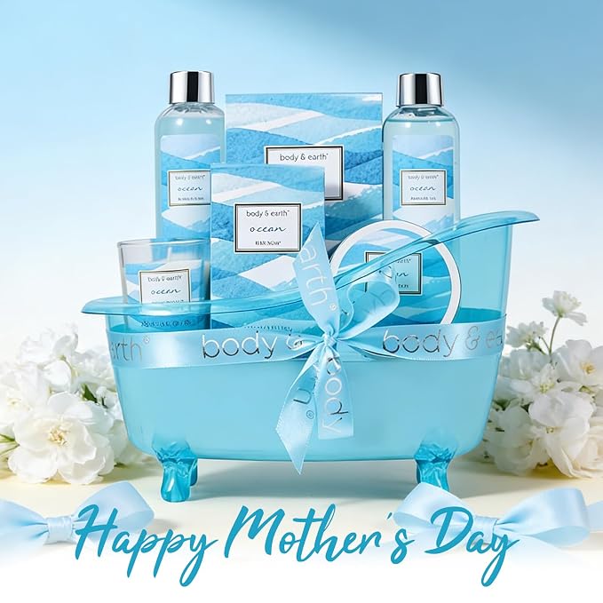 Bath and Body Gift Set for Women, Body & Earth Ocean Gift Basket, 7 Pcs Bath Sets for Women Gift with Bubble Bath, Body Lotion, Scented Candle, Spa Kit for Her, Mother's Day Gifts for Mom