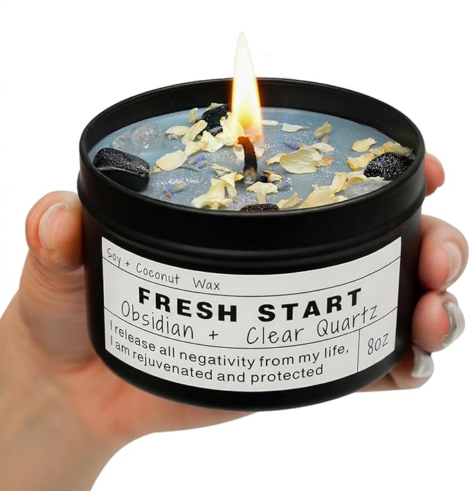 Fresh Start Obsidian, Clear Quartz Candle, Vegan Energy Clearing Ritual, Becoming Your Best Self, Oriental Scent (8oz)