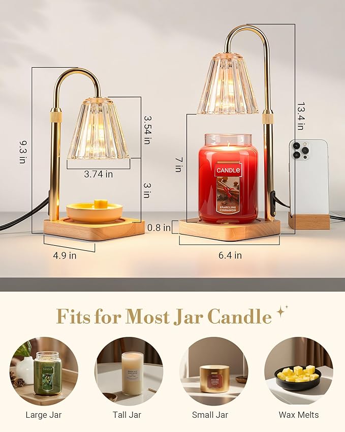 Marycele Candle Warmer Lamp with Timer & Dimmer - Mothers Day Gifts for Women Mom Her, Aesthetic Office Home Decor, Adjustable Height Wax Melter for Candle Jar & 3-Wick Candles (2 Bulbs Included)