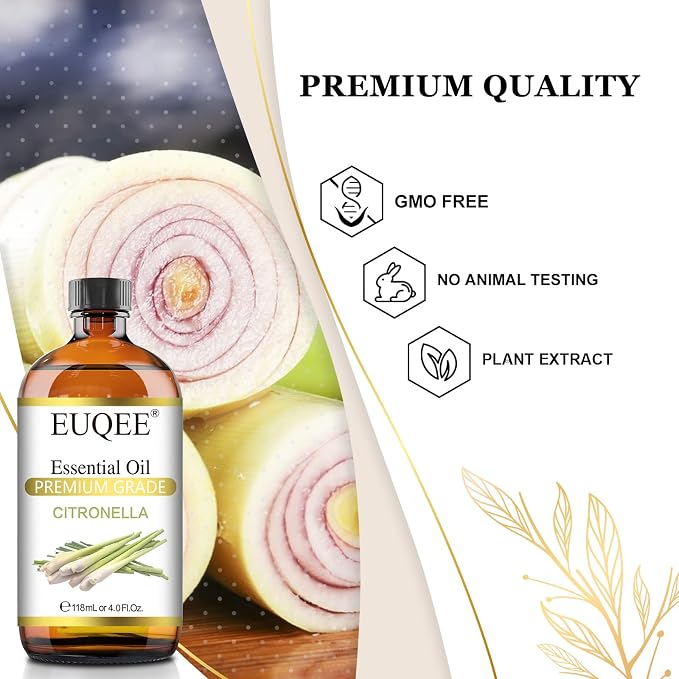 EUQEE Citronella Essential Oil, 118ml Large Gift Box Pure Citronella Oil with Glass Dropper for Candle Making, Diffuser, Humidifier - 4 fl oz.
