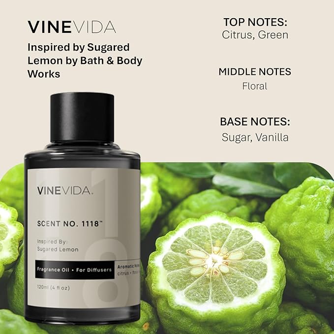 VINEVIDA [4 Fl Oz] Scent NO. 1118 Fragrance Oil for Cold Air Diffusers, Aromatic Notes of Citrus, Green, Floral, Sugar & Vanilla Essential Oils for Diffuser Oil Refill & Air Freshener Room Spray