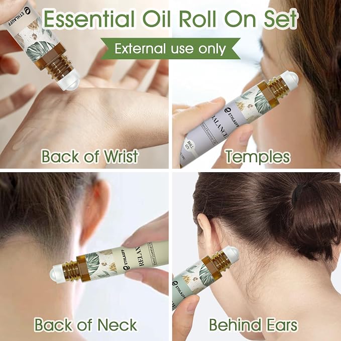 Essential Oils Roll On Set - (Relax, Sleep, Breathe, Focus on) Aromatherapy Oil with Roller Ball, Essential Oils for Skin - Self Care Gift for Women