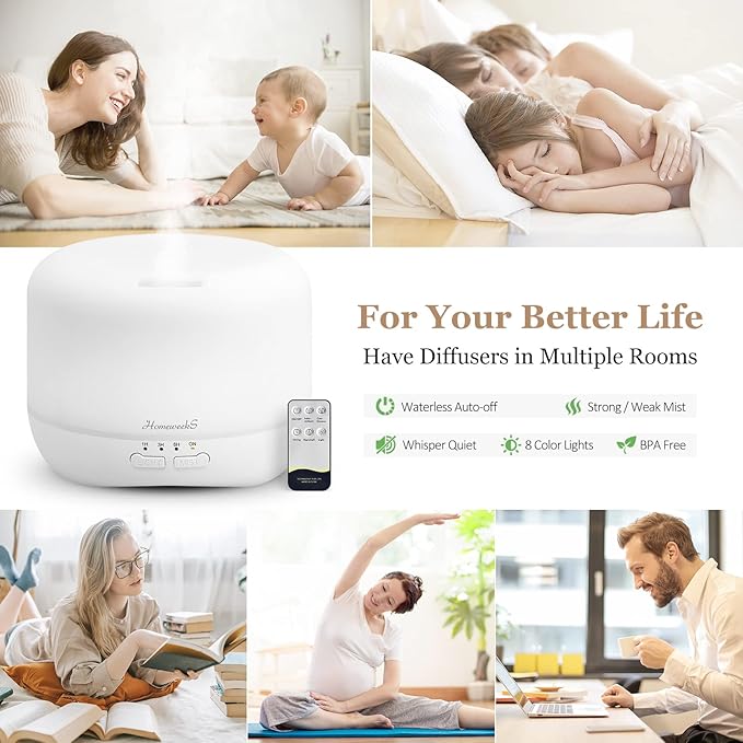 Aromatherapy Essential Oil Diffuser for Room: 500ml Colorful Aroma Air Humidifier with Adjustable Cool Mist Mode, Auto Off Ultrasonic Diffusers for Large Room Home Office(White)
