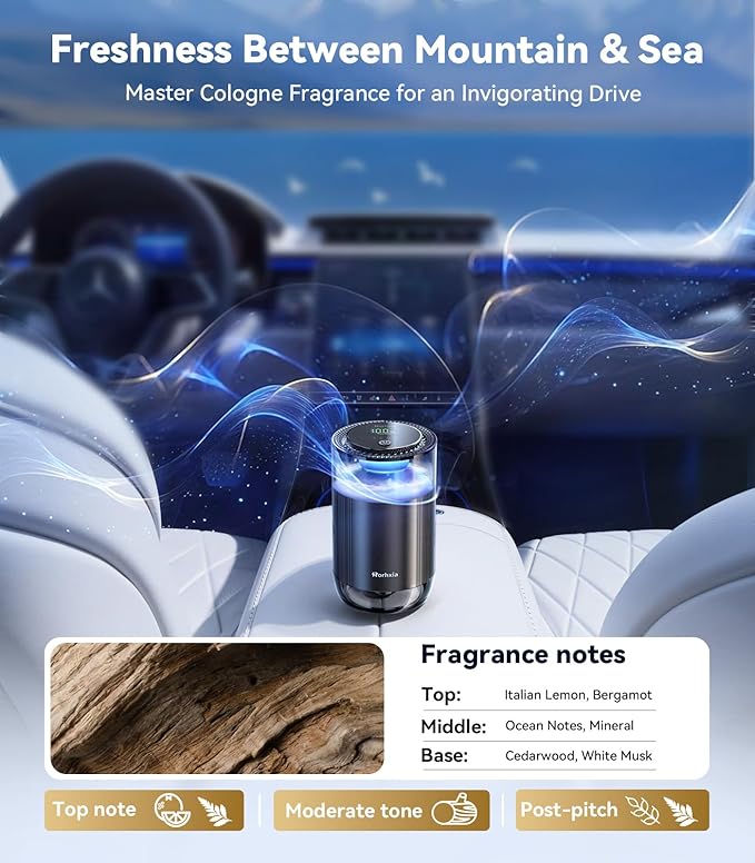 Rorhxia Smart Car Air Freshener [Enjoy Freshness, Purity, Comfort] New Premium Scenic Diffuser | Perfume Display, Auto On/Off, Adjustable Intensity, Long Lasting Fragrance | Cologne Freshener Gifts