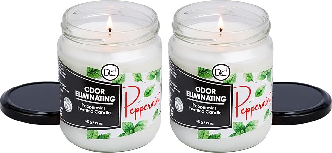 Peppermint Two Pack Odor Eliminating Highly Fragranced Candle - Eliminates 95% of Pet, Smoke, Food, and Other Smells Quickly - Up to 80 Hour Burn time - 12 Ounce Premium Soy Blend