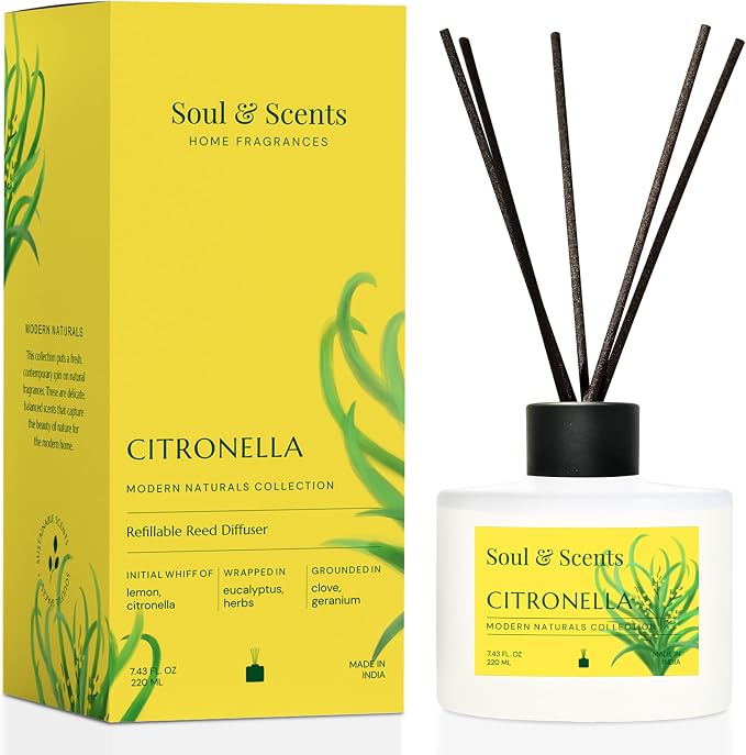 Soul & Scents Reed Diffuser Set – Citronella | 7.43 oz Refillable Scented Oil with 6 Fiber Sticks | Long-Lasting Home Fragrance & Air Freshener for Bedroom, Bathroom, Office | Gift & Décor Piece