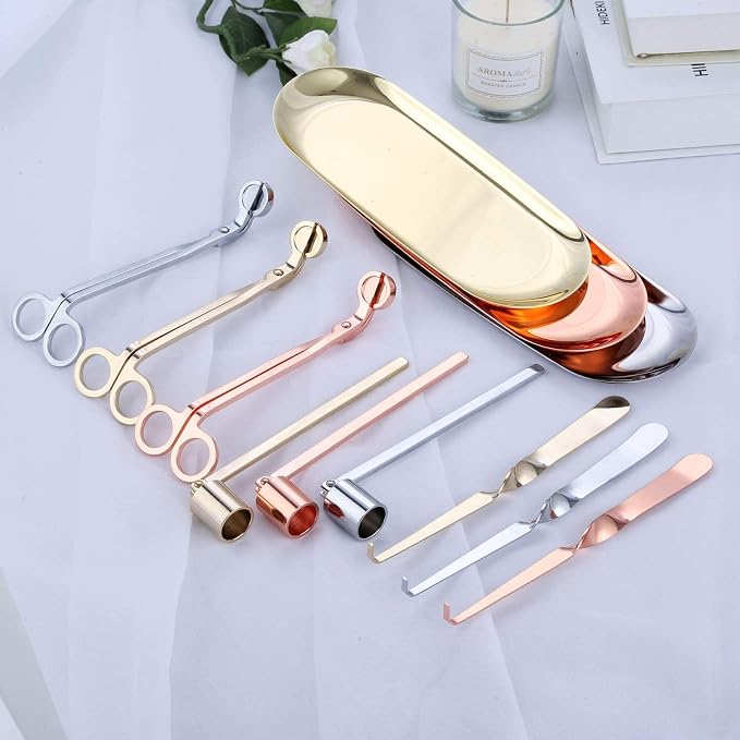MUXSAM 4 in 1 Candle Accessory Set - Candle Wick Snuffer, Candle Wick Trimmer, Candle Wick Dipper, Storage Tray Plate, Candle Care Tools Kit Gifts for Scented Candle Aromatherapy Lovers - Silver