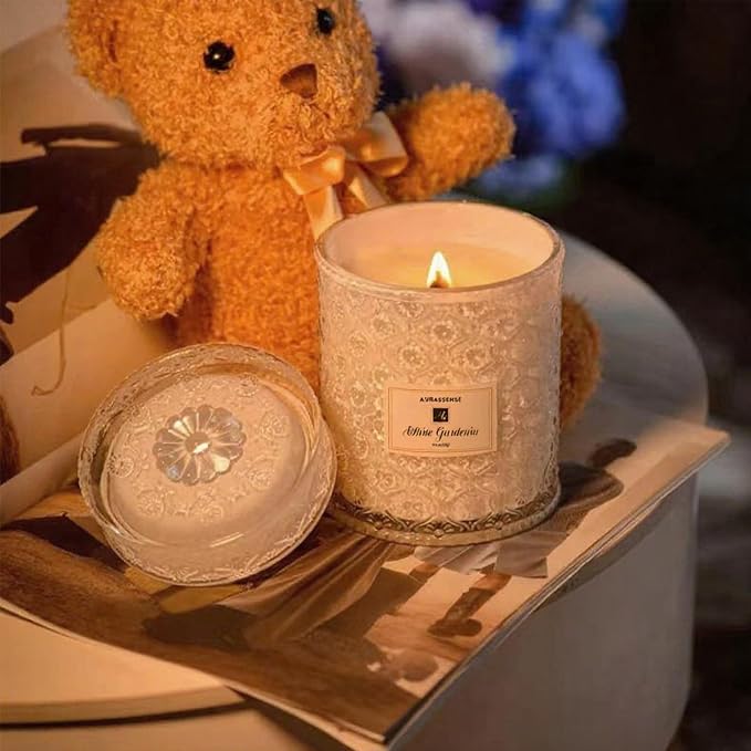 Natural Wood Candle Wick Soy Wax Candle - 19.4oz/550g, Long-Lasting Scented Candle for Sleep & Relaxation, Multi-Color Glass Decorative Jar, Gift for Women (White Gardenia)