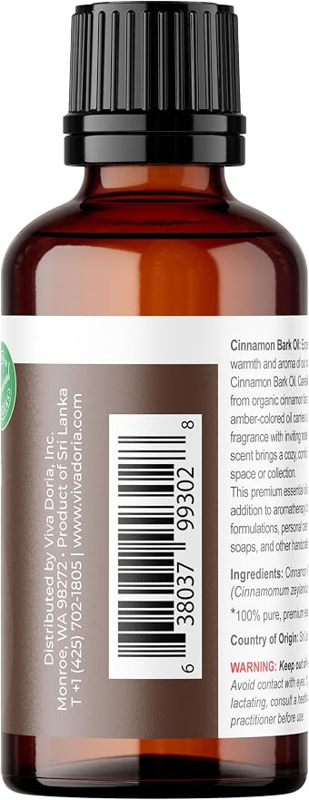 Viva Doria Cinnamon Bark Essential Oil, 100% Pure, Natural Essential Oil, Undiluted, for Aromatherapy | Food Grade, 30 mL (1 Fluid Ounce)