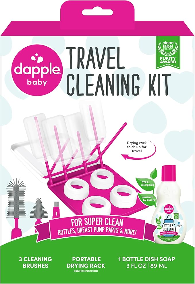 Dapple Baby Travel Cleaning Kit - 5 Piece- Baby Bottle & Dish Soap, Bottle Brushes, and Drying Rack - Newborn Essentials