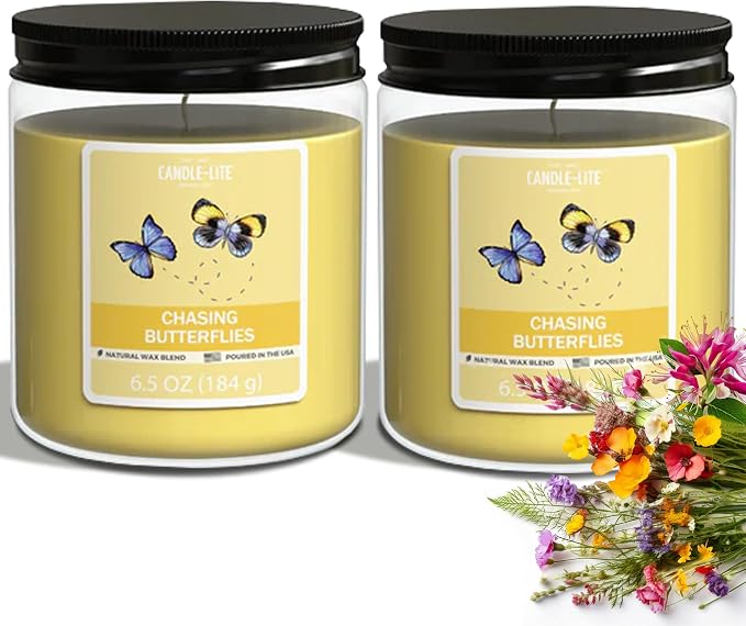 Candle-Lite 2 Pack Scented Candles, Chasing Butterflies, 6.5 oz Jar, Proudly Poured in The USA, Aromatherapy Candle Set, Single-Wick with 40 Hours of Burn Time, Ideal Gift for Men and Women