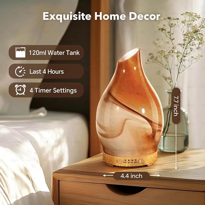 Essential Oil Diffuser, 120 ml Glass Aromatherapy Diffuser with 7 Color Lights, Auto Shut-Off and 4 Timer Settings, Ultrasonic Cool Mist Diffuser for Home Room Office (Dessert)