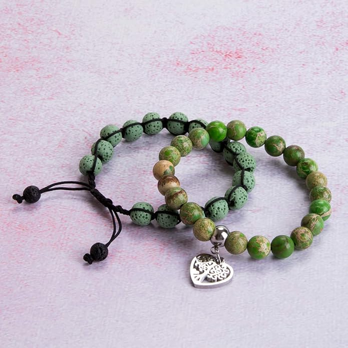 Bivei Life Tree Bracelet - Lava Stone Essential Oil Gemstone Beaded Yoga Meditation Regalite Stone Beach Charm Bracelet Set
