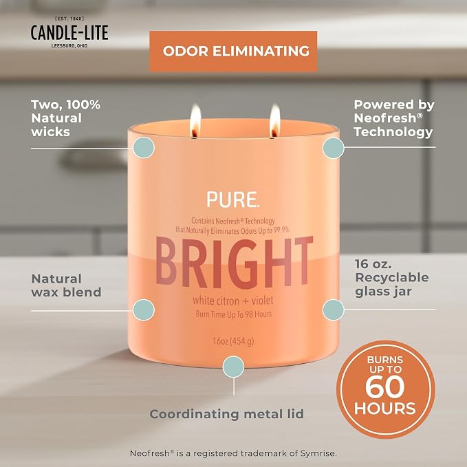 Candle-Lite Pure White Citron & Violet Odor Eliminating Scented Candles, Neofresh Technology Eliminates 99.9% of Odors, 16 oz 2-Wick Jar, Proudly Poured in The USA, Up to 60 Hours Burn Time