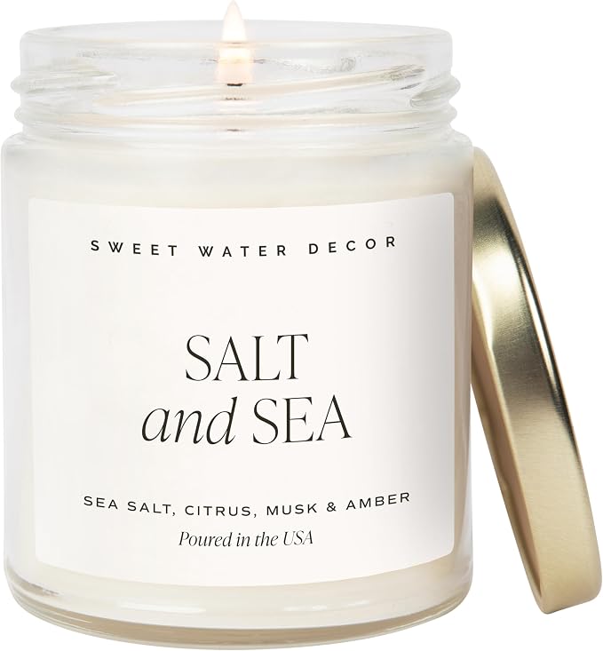 Sweet Water Decor Salt and Sea Candle - Sea Salt, Musk, and Amber Scents - Beach Candles and Decor for Home - 9oz. Clear Jar Soy Candle, Made in The USA