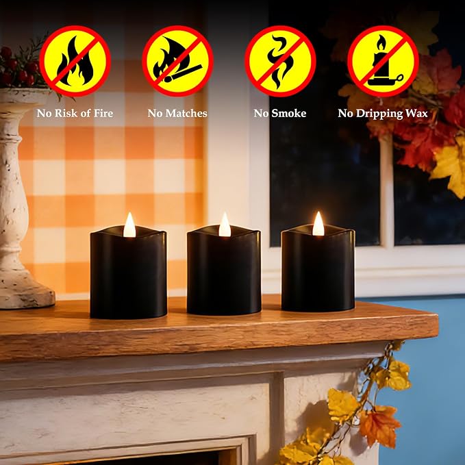 3inch Black Pillar Flameless Candles - 3D Flickering, Remote Timer, Battery Operated, 600+ Hours, Halloween & Gothic Themed Decor (Black, 3"*3"-3pcs)