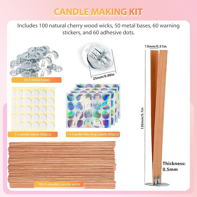 100 Pcs Cherry Wood Candle Wicks - Long-Lasting Flame, Stand & Glue Dot, DIY Candle Making Kit (Warning Label Included)
