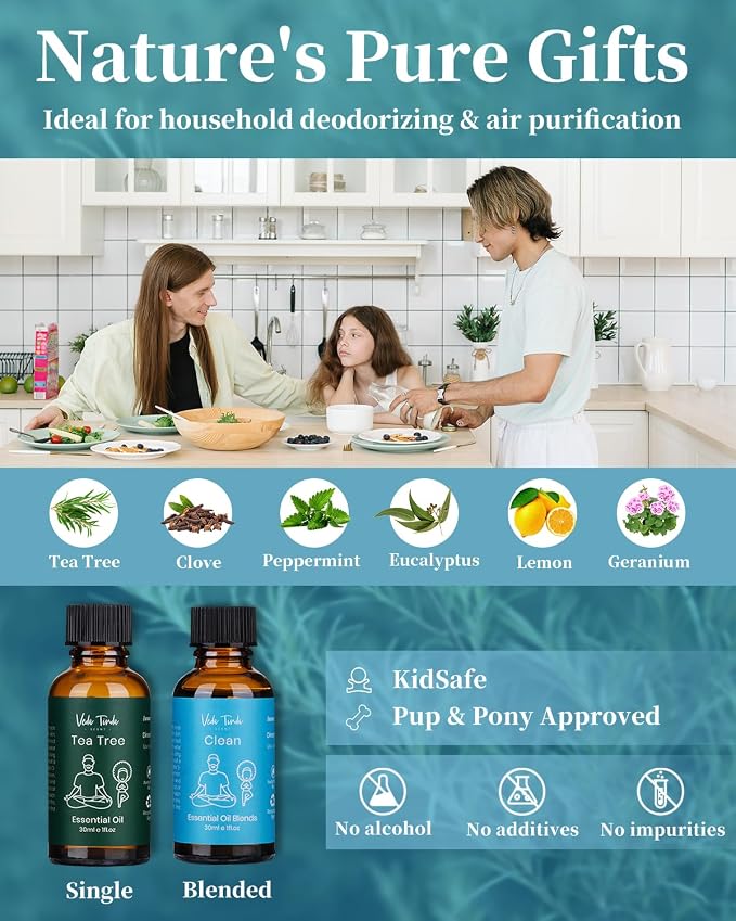 VTS Waterless Diffuser with Essential Oils Set, Tea Tree Scent Aromatherapy Gift Set for Home (1 Fl Oz Tea Tree Oil & 1 Fl Oz Clean Blend & Waterless Diffuser)