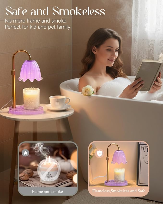 Flower Candle Warmer Lamp Glass Base with Timer & Dimmer, Mothers Day Birthday Gifts for Mom Women, Adjustable Floral Candles Warmer, Girly Wax Warmer New Home Office Decor (Purple-Flower)