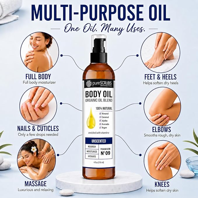 pureSCRUBS Ultra Moisturizing Unscented Body Oil for Dry Skin, Lightweight Full Body Moisturizer for Soft, Silky Skin, Massage & Cuticle Oil, Vitamin E Enriched, 4 oz