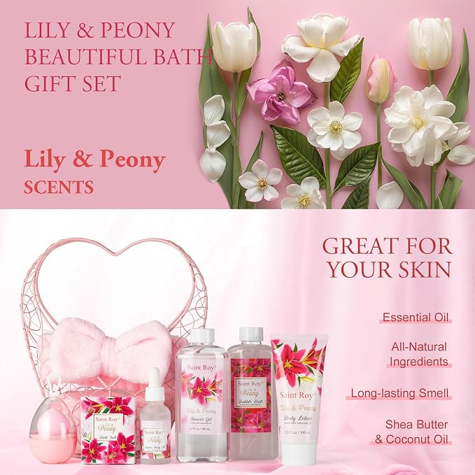 Spa Gift Basket Gifts for Mom Gifts Basket Christmas Gifts for Women Spa Set Lily & Peony Home Spa Set, Beauty Personal Care Set Jojoba Oil, Spa Self Care Kit, Bath Body For Thank You, Birthday