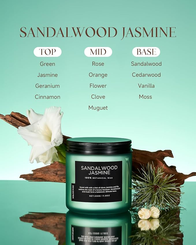 M&SENSE Sandalwood Jasmine Home Scented Candles, 11.6oz Organic Natural Soy Wax, 70 Hours Long Lasting Slow Burning, Non Toxic Clean Burn, Spring Floral Smelling for Meditation Relaxation