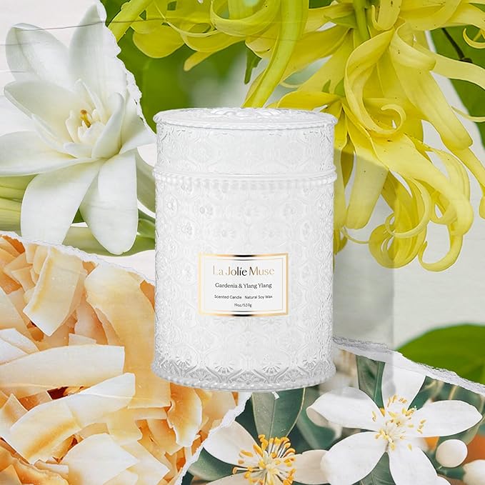 LA JOLIE MUSE Gardenia & Ylang Ylang Scented Candles for Home,19 oz Soy | Large Jar Luxury Candles, Clean Non Toxic, Gifts for Women & Mom, Decorative White Candle, Pretty Floral Candle, Wood Wick