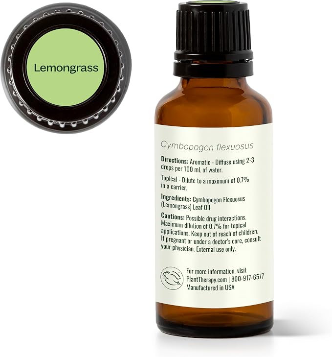 Plant Therapy Lemongrass Essential Oil, 30 mL (1 oz), 100% Pure, Undiluted Essential Oil, Great for Deodorizing the Air and Supporting Immune System