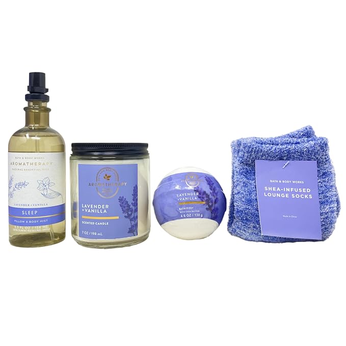 Bath & Body Works Aromatherapy Rest + Renew: Lavender & Vanilla Gift Box Set - Single-Wick Candle, Pillow & Body Mist, Bath Fizzy and Shea-Infused Lounge Socks - with a Natural Oats Sample Soap