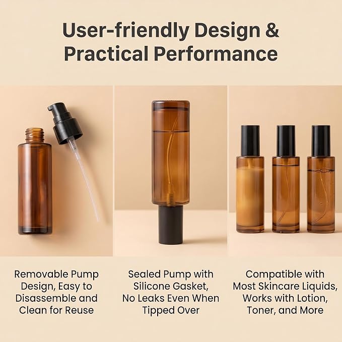 2 PCS 80/2.7oz Amber Glass Travel Bottles with Black Pump, Leakproof Lotion Dispenser for Essential Oil, Cream, Shampoo, Body Wash & Travel Toiletries