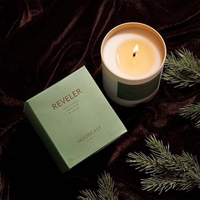 Moodcast Reveler Scented Winter Candle – Aesthetic Holiday Candle for Home, Fresh Pine, Cedarwood & Fir Balsam, Clean Coco Wax Blend, Vegan, Paraben-Free, 45-Hour Burn, Christmas Decor – 8oz