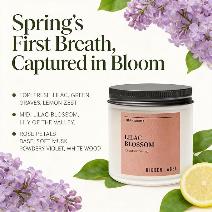Hidden Label Lilac Blossom Soy Candle, 12oz 2-Wick, 70H Floral Aromatherapy | 100% Natural Wax, Paraben & Phthalate-Free, Clean-Burning | Elegant Decor, Gift-Ready for Spring | Stress Relief & Calming